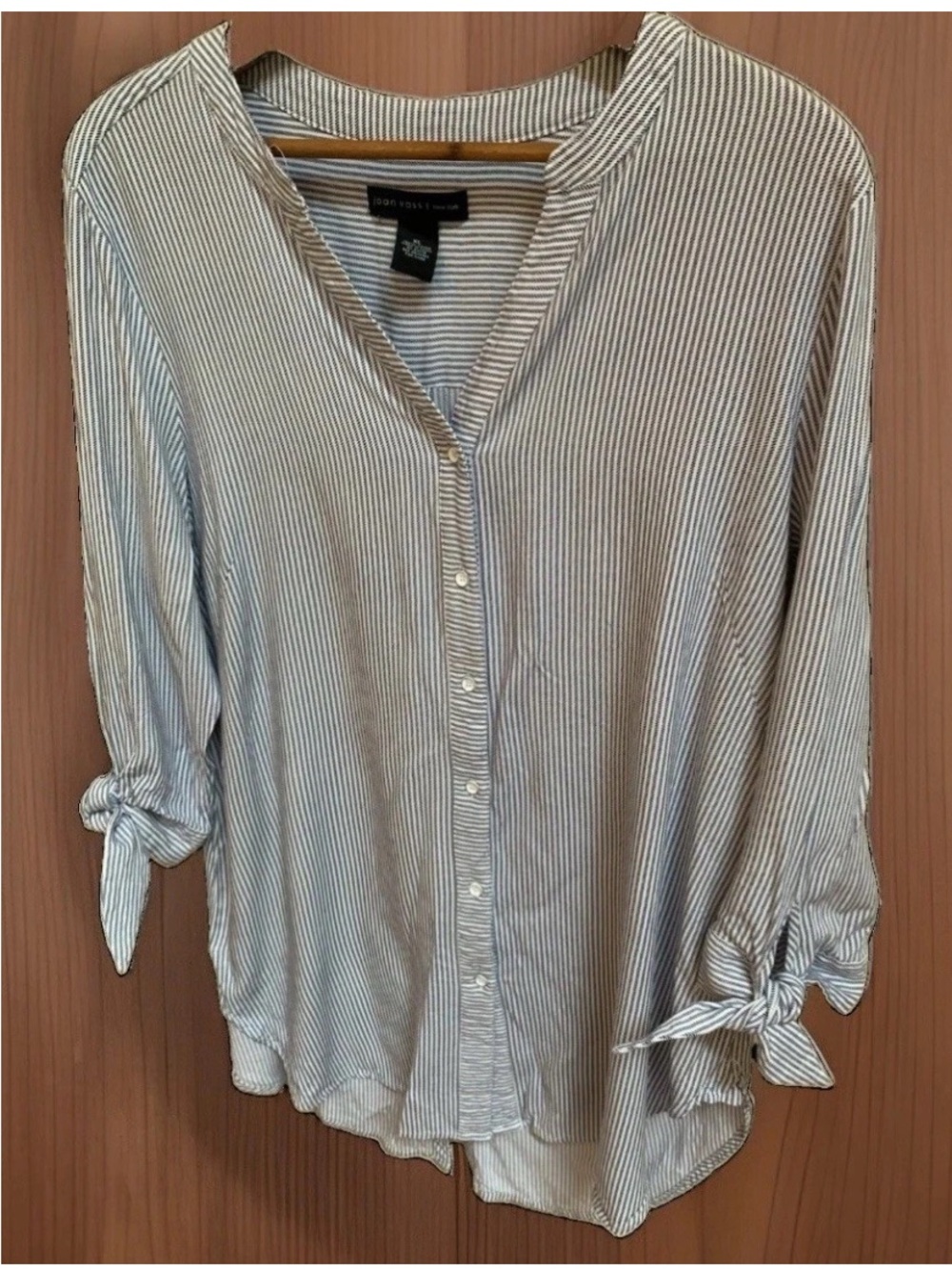 Joan Vass Blue Striped Elbow Ties Button-Front Timeless Tunic Blouse